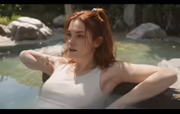 a red haired woman poses by the edge of a pool