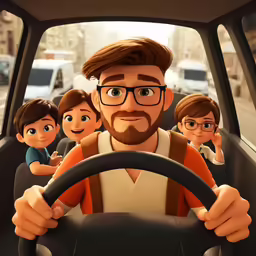 an animation image of a man behind the wheel with his four kids in the driver seat