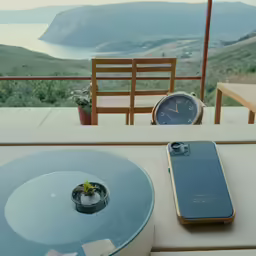 a cell phone on a table with a clock next to it
