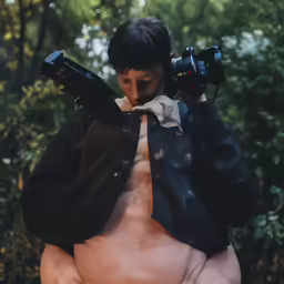the boy is holding his camera up to his head