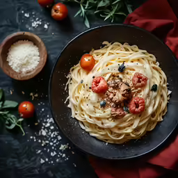 a plate with some noodles and tomatoes on it