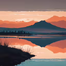 a mountain range at dusk in the background with its reflection in the water,a lake with mountains and trees in the background
