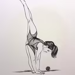 an ink drawing of a woman in a bathing suit with a ball