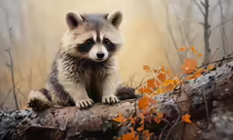 a raccoon sits on a fallen tree in the forest