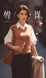 a beautiful young lady in a skirt, holding a bag