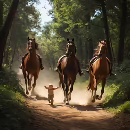 three horses running across the dirt road with a child standing by them
