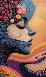 a close up of a mural with a face