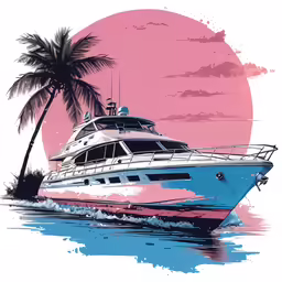 a blue boat on the water in front of a palm tree