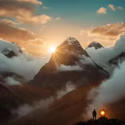 a mountain that has some clouds and a person