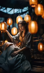woman sitting under lamp in room with lantern shades