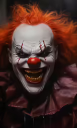 a close up of a clown wearing a large red wig