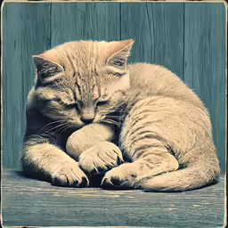 a yellow cat laying down with its eyes closed
