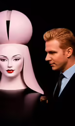 the man is next to a large pink head statue