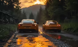 two yellow sport cars driving on a rain soaked road at sunset