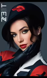 a model with black gloves and hat poses for the camera