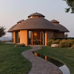 a round house with a stone pathway leading to the front