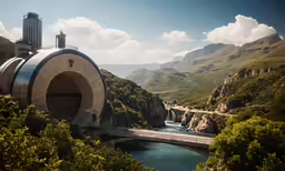 a water tunnel going over some bridge with mountains in the background