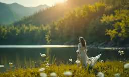 woman in dress walking down the grass near water