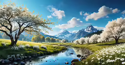 painting of trees, flowers, and water in a mountainous setting