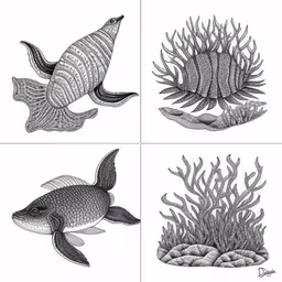 three illustrations of fish and seaweed,three drawings of sea animals that are different sizes