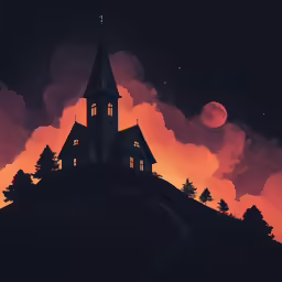 the church is sitting on top of a hill