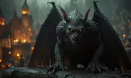 a demonic monster with glowing eyes and huge wings standing in front of a castle