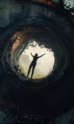 man standing in a tunnel with hands raised