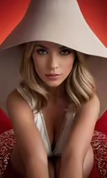 a women with a big hat that is over her head
