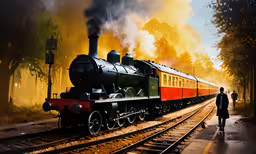 a train engine pulling carts down a train track,a train traveling down tracks near a forest