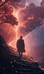 the back of a man standing on top of a rocky stairway