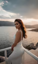 a beautiful woman poses at the end of a boat pier