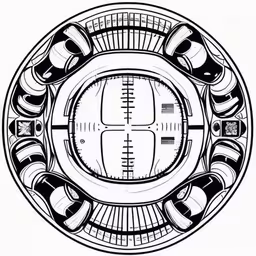 a drawing of an area with seats and a round,a graphic style of a soccer field with a ball and two soccer goal