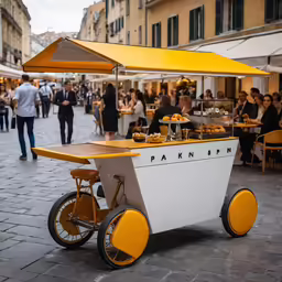 a small stand that has a yellow umbrella over it
