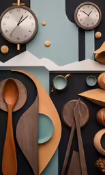 wooden utensils and clocks displayed in a display