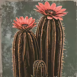 two cactus flowers on a green background with a blue background