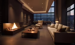 the modern living room has a large window