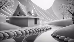 a black and white rendering of a futuristic house in a landscape
