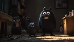 two furry creature figures standing next to each other in a room