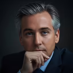 a man wearing a suit and tie and looking straight ahead