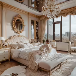 a bed that is in a room with a chandelier