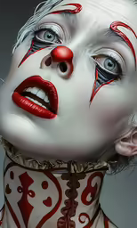a girl wearing red and white face paint