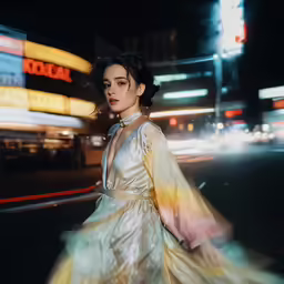 a woman with black hair is walking in the dark