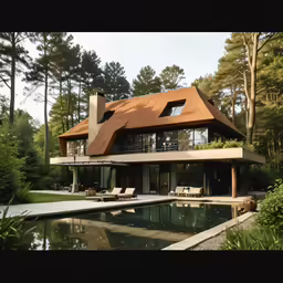 a modern house with pool area in the background