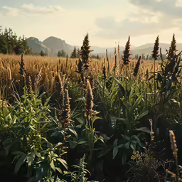 tall brown plants in the foreground of an open field