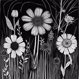 a drawing of flowers and grass,a black and white engraving of wildflowers