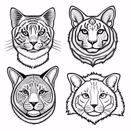 four animal faces, one with a tiger, the other an elephant and a bear,four faces of cats with different angles and markings