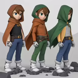 three different kinds of cartoon character clothing and a hood on
