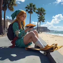a woman wearing a green shirt holding a pizza