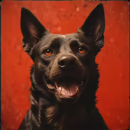 a black dog is smiling in front of a red wall