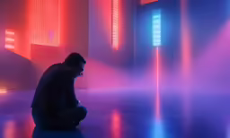 a man kneeling down in a room surrounded by neon lights